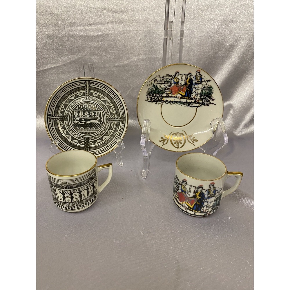 2 Vintage Porcelain Greek Demitasse Espresso Cup & Saucer Sets Made In Greece